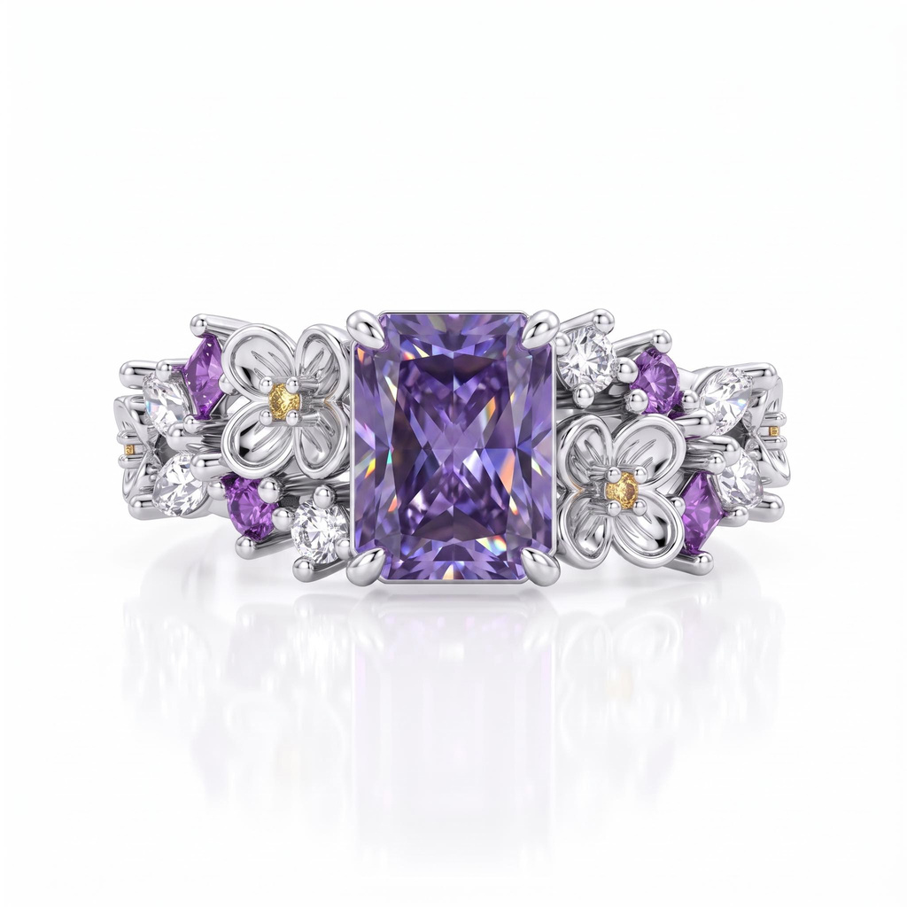 2.52ct.tw. Elongated Radiant Cut Purple Diamond Ring with Carvings on Both Sides 2.52ct.tw. Elongated Radiant Cut Purple Diamond Ring with Carvings on Both Sides