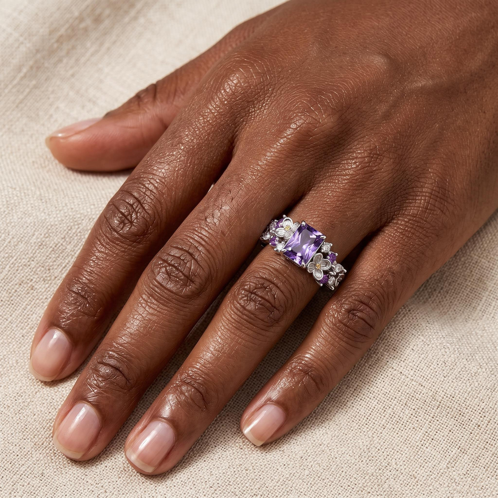 2.52ct.tw. Elongated Radiant Cut Purple Diamond Ring with Carvings on Both Sides 2.52ct.tw. Elongated Radiant Cut Purple Diamond Ring with Carvings on Both Sides