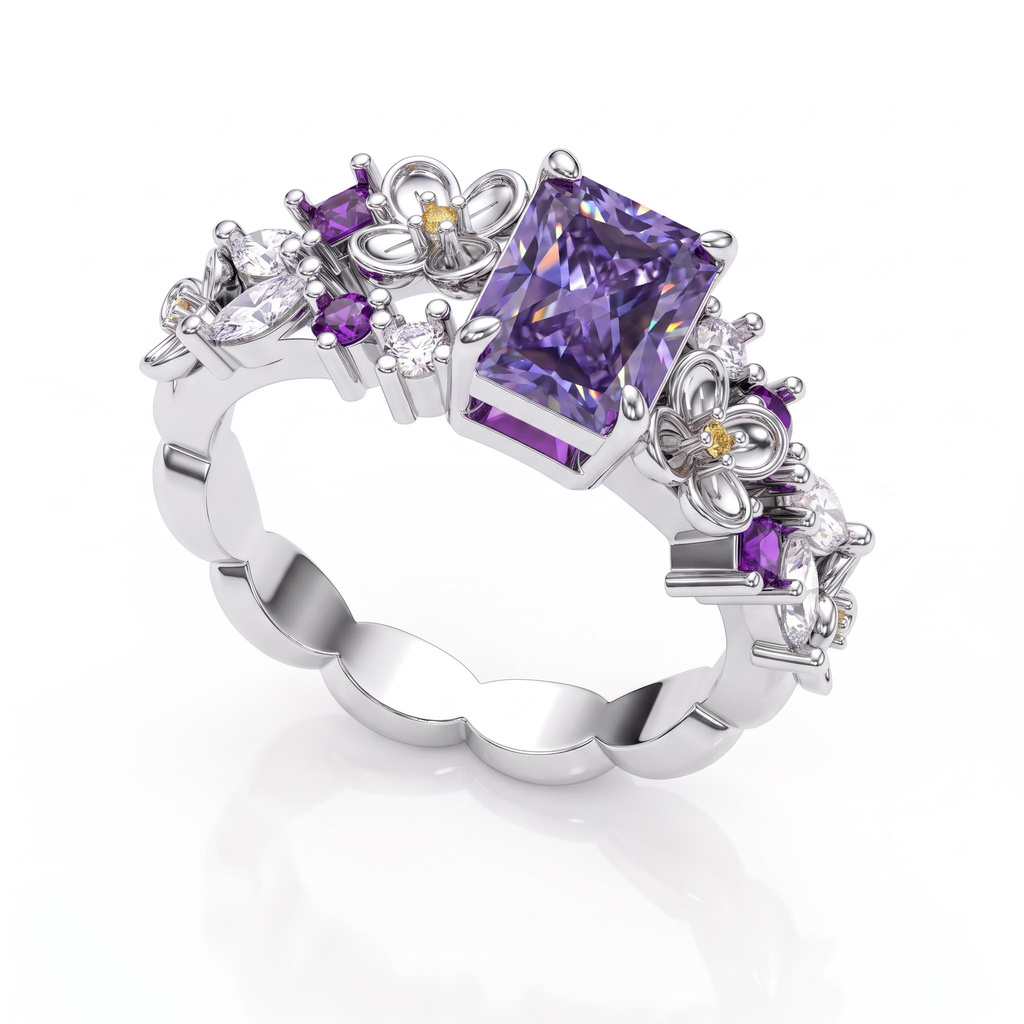 2.52ct.tw. Elongated Radiant Cut Purple Diamond Ring with Carvings on Both Sides 2.52ct.tw. Elongated Radiant Cut Purple Diamond Ring with Carvings on Both Sides