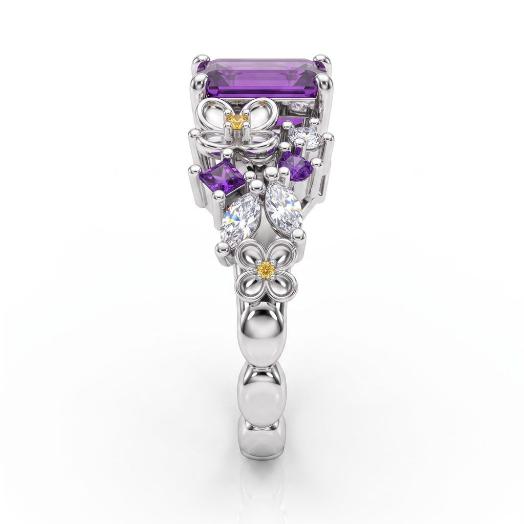 2.52ct.tw. Elongated Radiant Cut Purple Diamond Ring with Carvings on Both Sides 2.52ct.tw. Elongated Radiant Cut Purple Diamond Ring with Carvings on Both Sides
