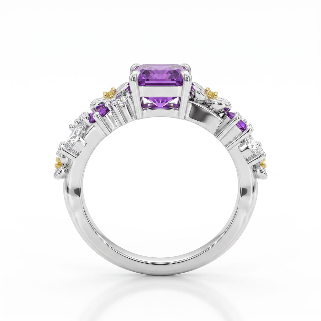 2.52ct.tw. Elongated Radiant Cut Purple Diamond Ring with Carvings on Both Sides 2.52ct.tw. Elongated Radiant Cut Purple Diamond Ring with Carvings on Both Sides