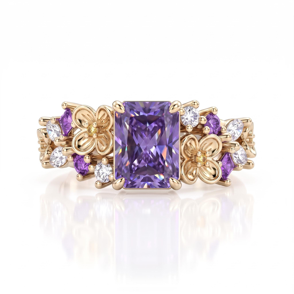 2.52ct.tw. Elongated Radiant Cut Purple Diamond Ring with Carvings on Both Sides 2.52ct.tw. Elongated Radiant Cut Purple Diamond Ring with Carvings on Both Sides