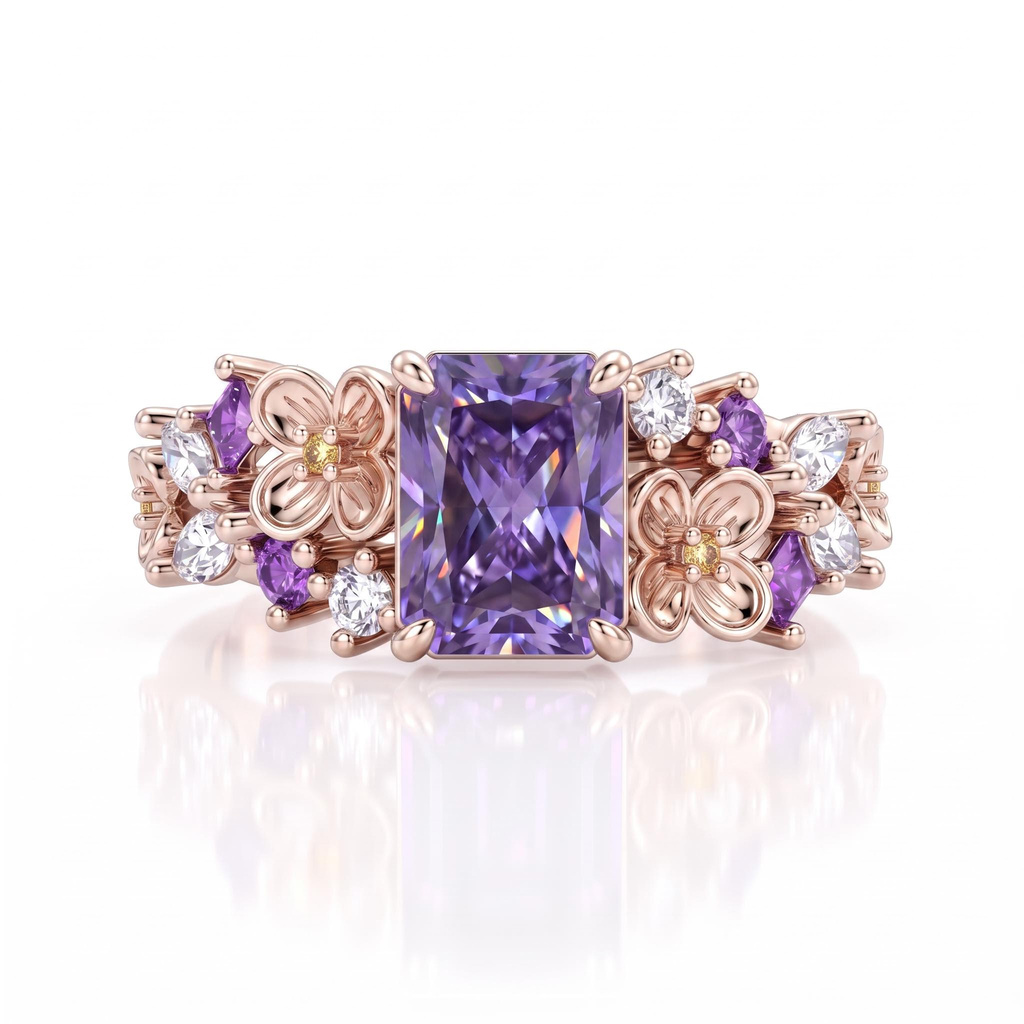2.52ct.tw. Elongated Radiant Cut Purple Diamond Ring with Carvings on Both Sides 2.52ct.tw. Elongated Radiant Cut Purple Diamond Ring with Carvings on Both Sides