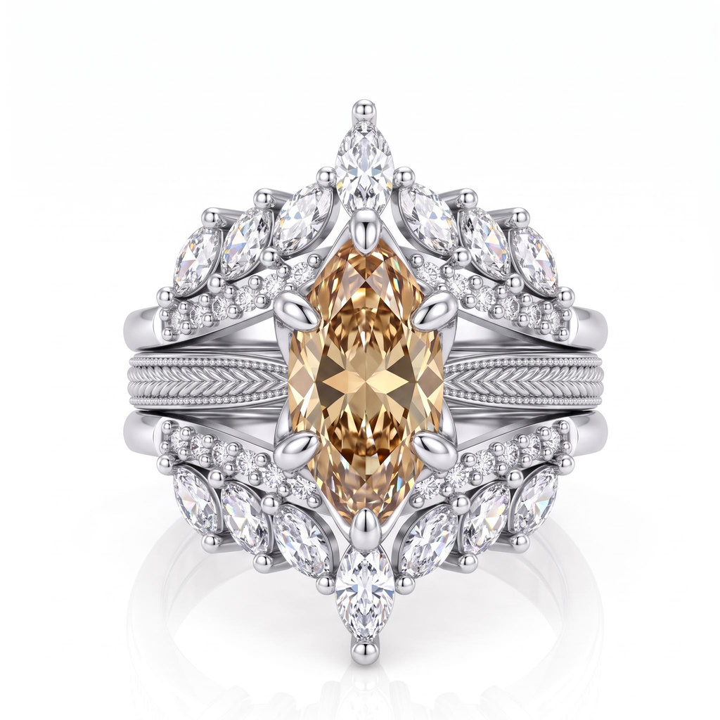 4.42ct.tw. Vintage Wheat Pattern Marquise Champagne Diamond Ring Set 4.42ct.tw. Vintage Wheat Pattern Marquise Champagne Diamond Ring Set