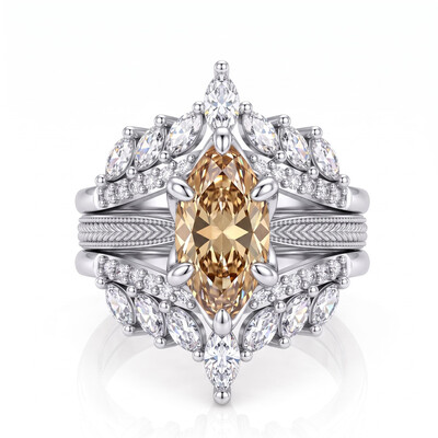 4.42ct.tw. Vintage Wheat Pattern Marquise Champagne Diamond Ring Set