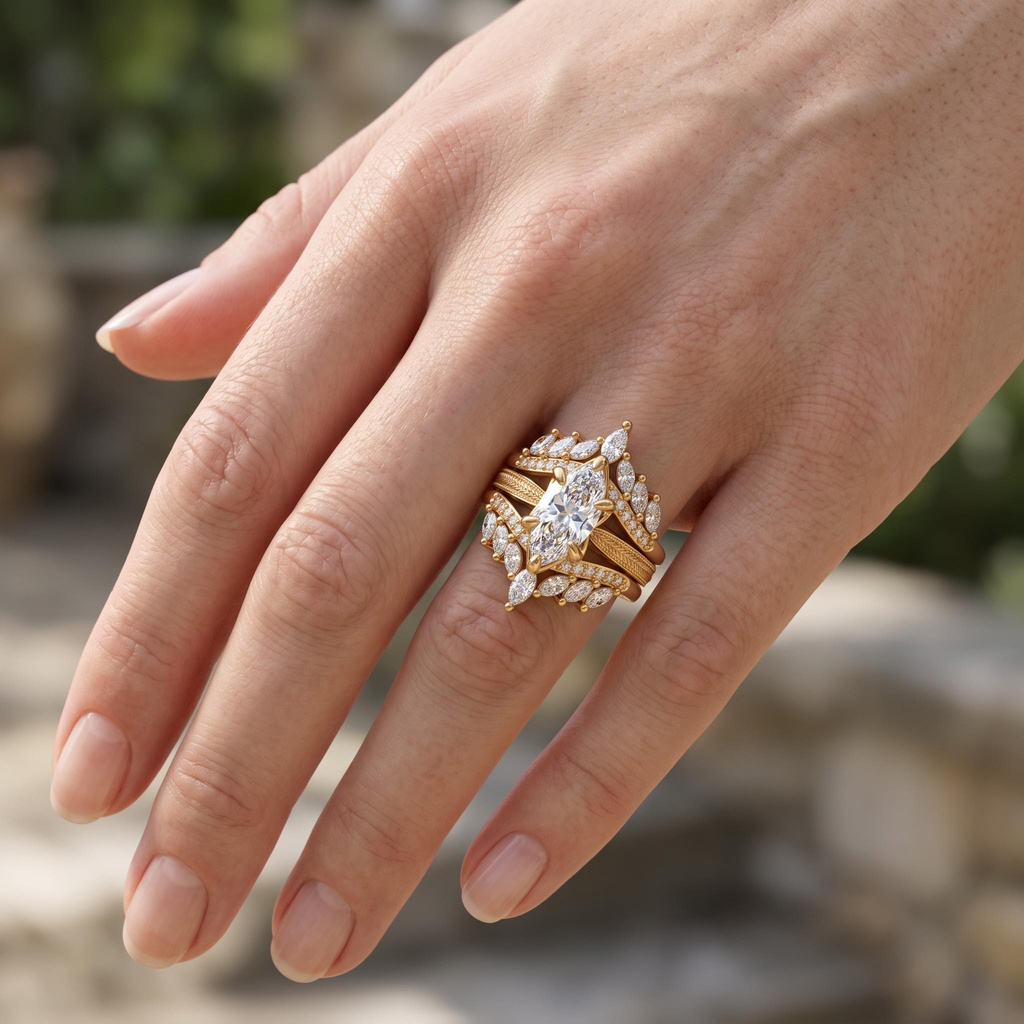 4.42ct.tw. Vintage Wheat Pattern Marquise Champagne Diamond Ring Set 4.42ct.tw. Vintage Wheat Pattern Marquise Champagne Diamond Ring Set