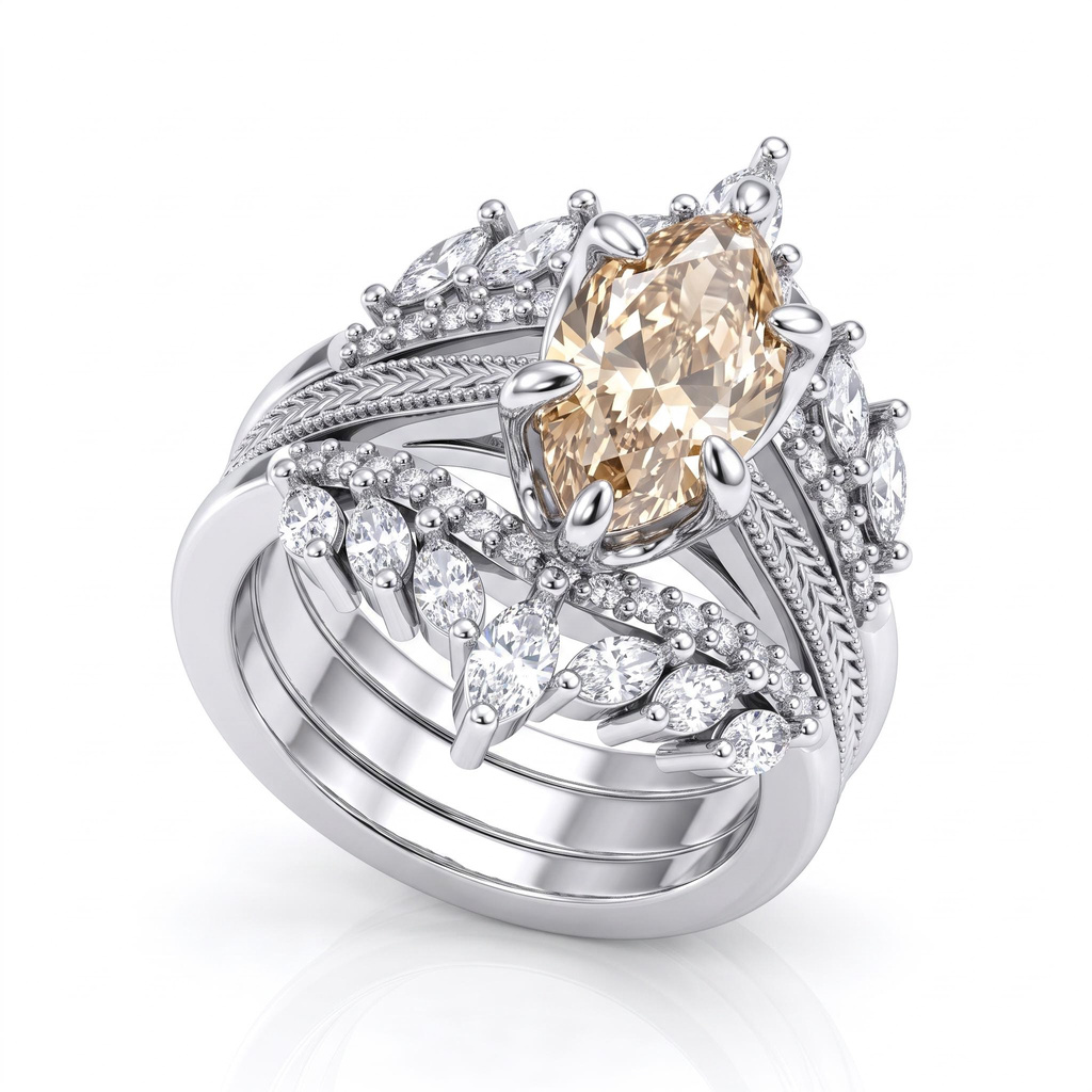 4.42ct.tw. Vintage Wheat Pattern Marquise Champagne Diamond Ring Set 4.42ct.tw. Vintage Wheat Pattern Marquise Champagne Diamond Ring Set