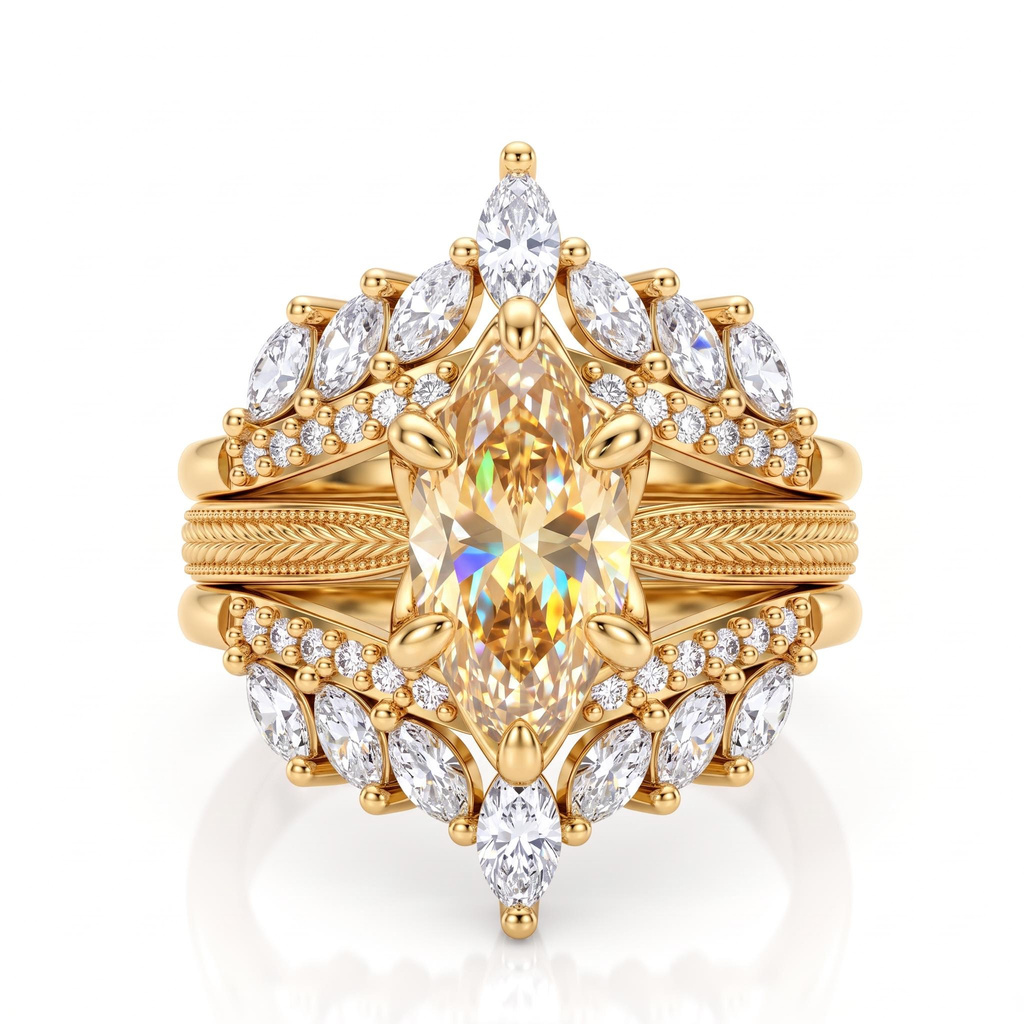4.42ct.tw. Vintage Wheat Pattern Marquise Champagne Diamond Ring Set 4.42ct.tw. Vintage Wheat Pattern Marquise Champagne Diamond Ring Set