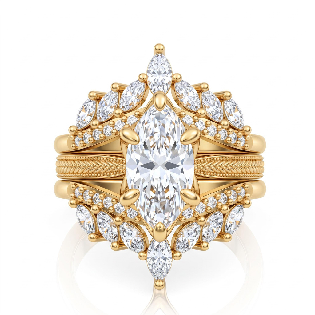4.42ct.tw. Vintage Wheat Pattern Marquise Champagne Diamond Ring Set 4.42ct.tw. Vintage Wheat Pattern Marquise Champagne Diamond Ring Set