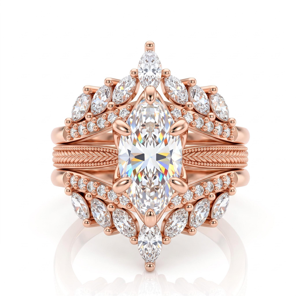4.42ct.tw. Vintage Wheat Pattern Marquise Champagne Diamond Ring Set 4.42ct.tw. Vintage Wheat Pattern Marquise Champagne Diamond Ring Set
