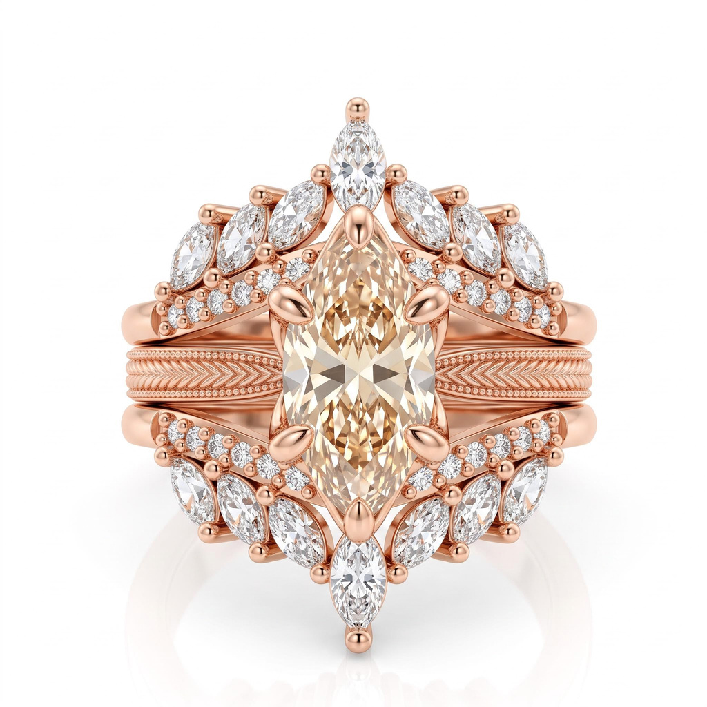 4.42ct.tw. Vintage Wheat Pattern Marquise Champagne Diamond Ring Set 4.42ct.tw. Vintage Wheat Pattern Marquise Champagne Diamond Ring Set