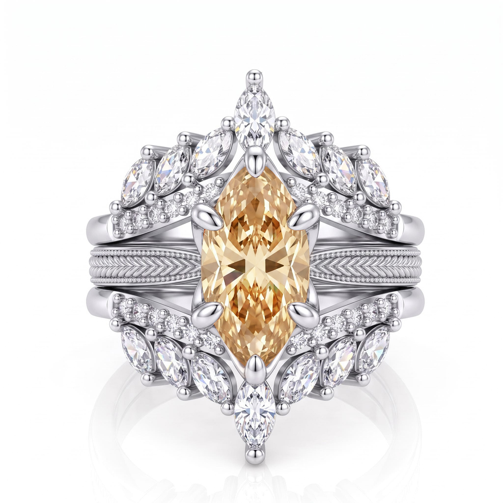 4.42ct.tw. Vintage Wheat Pattern Marquise Champagne Diamond Ring Set 4.42ct.tw. Vintage Wheat Pattern Marquise Champagne Diamond Ring Set