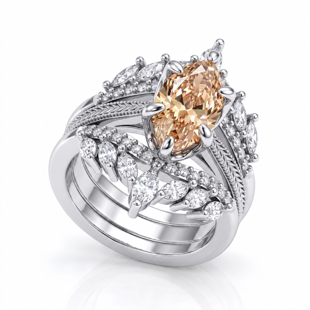 4.42ct.tw. Vintage Wheat Pattern Marquise Champagne Diamond Ring Set 4.42ct.tw. Vintage Wheat Pattern Marquise Champagne Diamond Ring Set