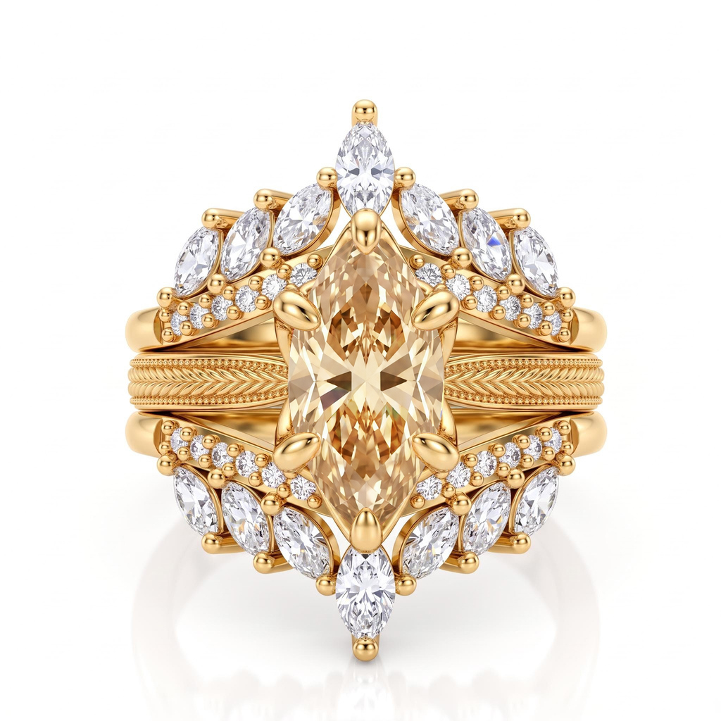 4.42ct.tw. Vintage Wheat Pattern Marquise Champagne Diamond Ring Set 4.42ct.tw. Vintage Wheat Pattern Marquise Champagne Diamond Ring Set