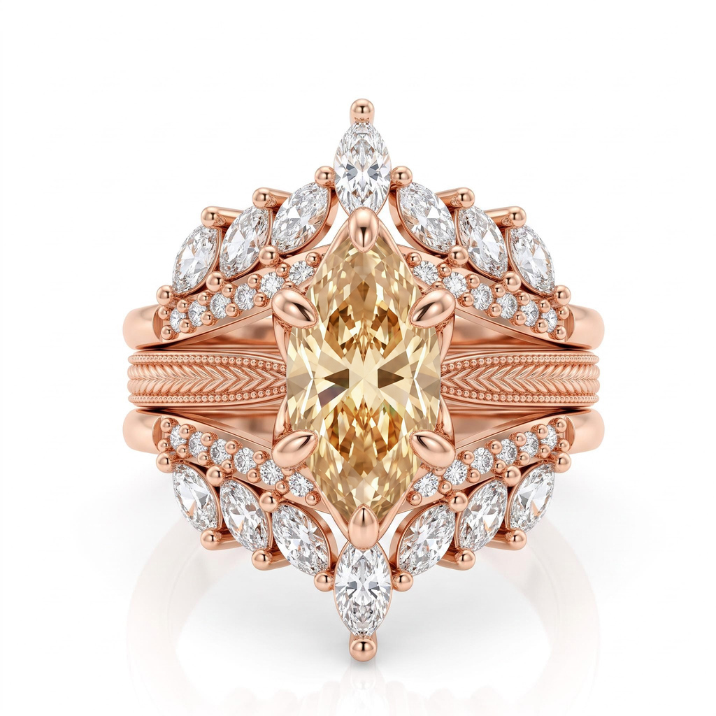 4.42ct.tw. Vintage Wheat Pattern Marquise Champagne Diamond Ring Set 4.42ct.tw. Vintage Wheat Pattern Marquise Champagne Diamond Ring Set