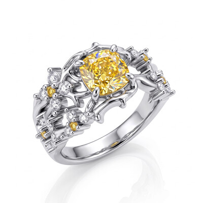 2.1 ct.tw. Cushion-cut Yellow Diamond Pear-shaped Floral Vine Ring