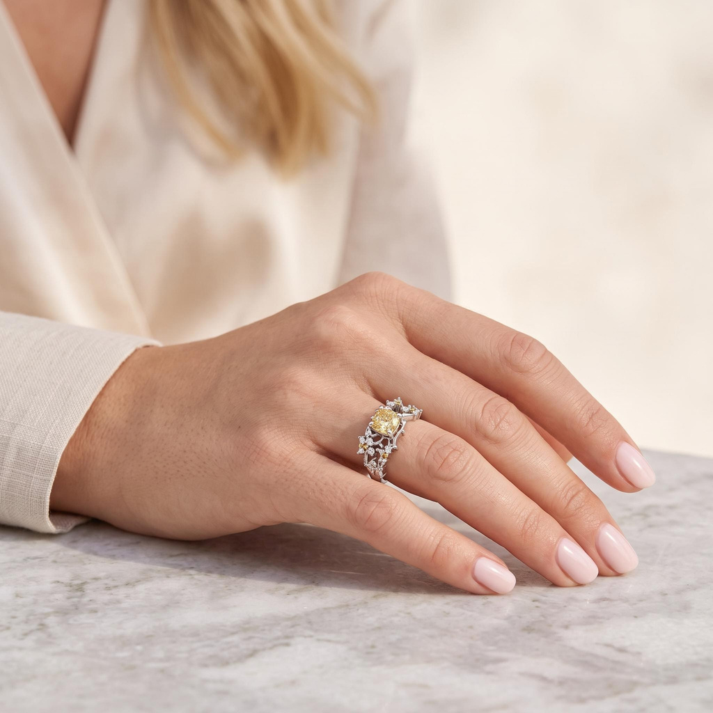 2.1 ct.tw. Cushion-cut Yellow Diamond Pear-shaped Floral Vine Ring 2.1 ct.tw. Cushion-cut Yellow Diamond Pear-shaped Floral Vine Ring