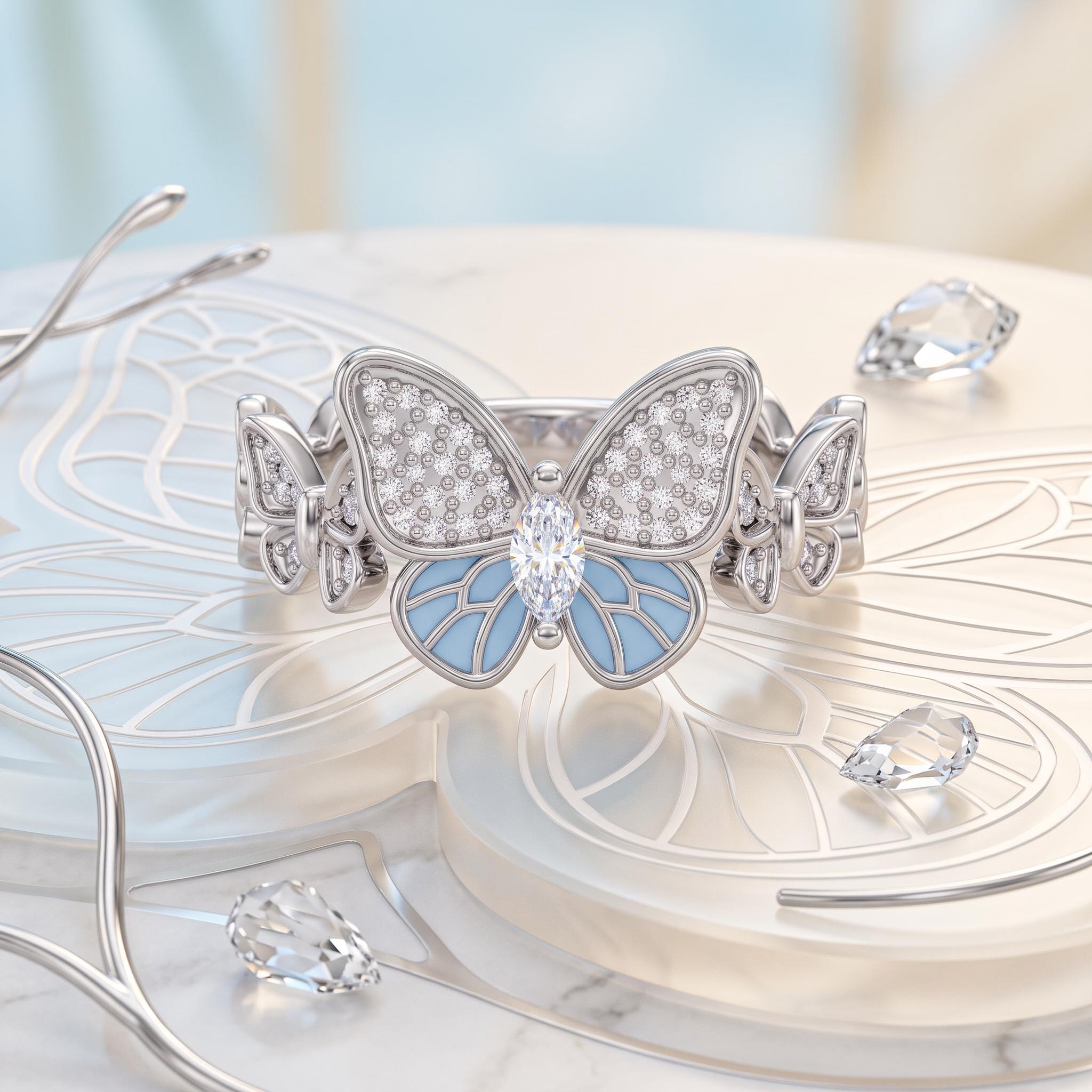 0.75 ct.tw. Light Blue Enamel Inlaid Marquise Butterfly Statement Ring 0.75 ct.tw. Light Blue Enamel Inlaid Marquise Butterfly Statement Ring