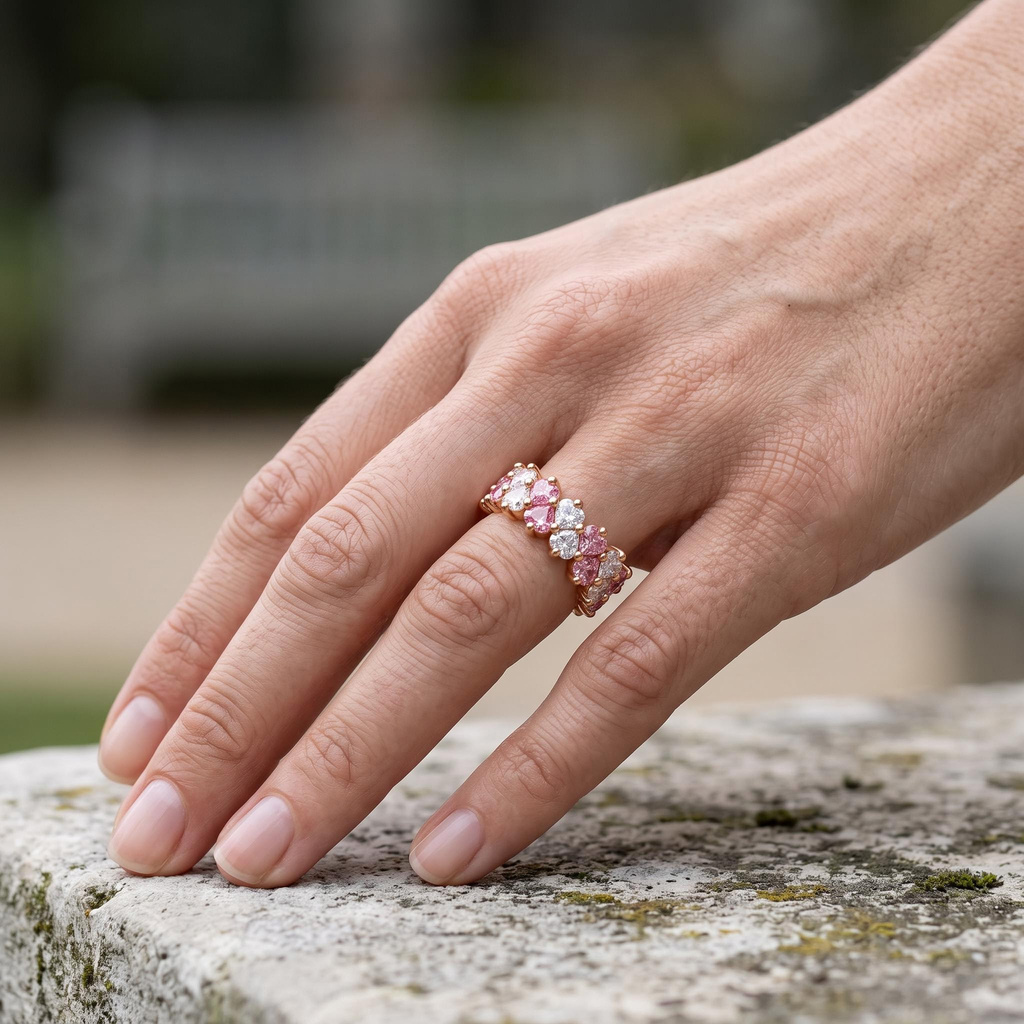 3.6ct.tw. Pink & White Heart-Shaped Double-Row Stone-Set Band Ring