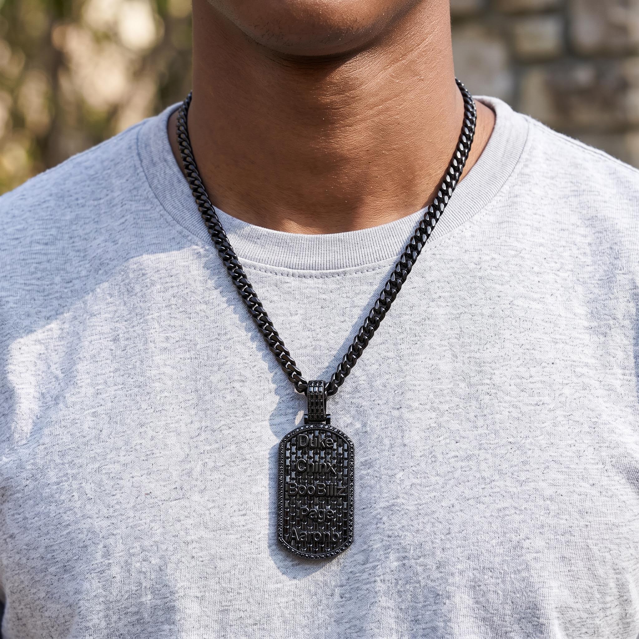 Iced Out Black Baguette-Cut Custom Name Dog Tag Pendant