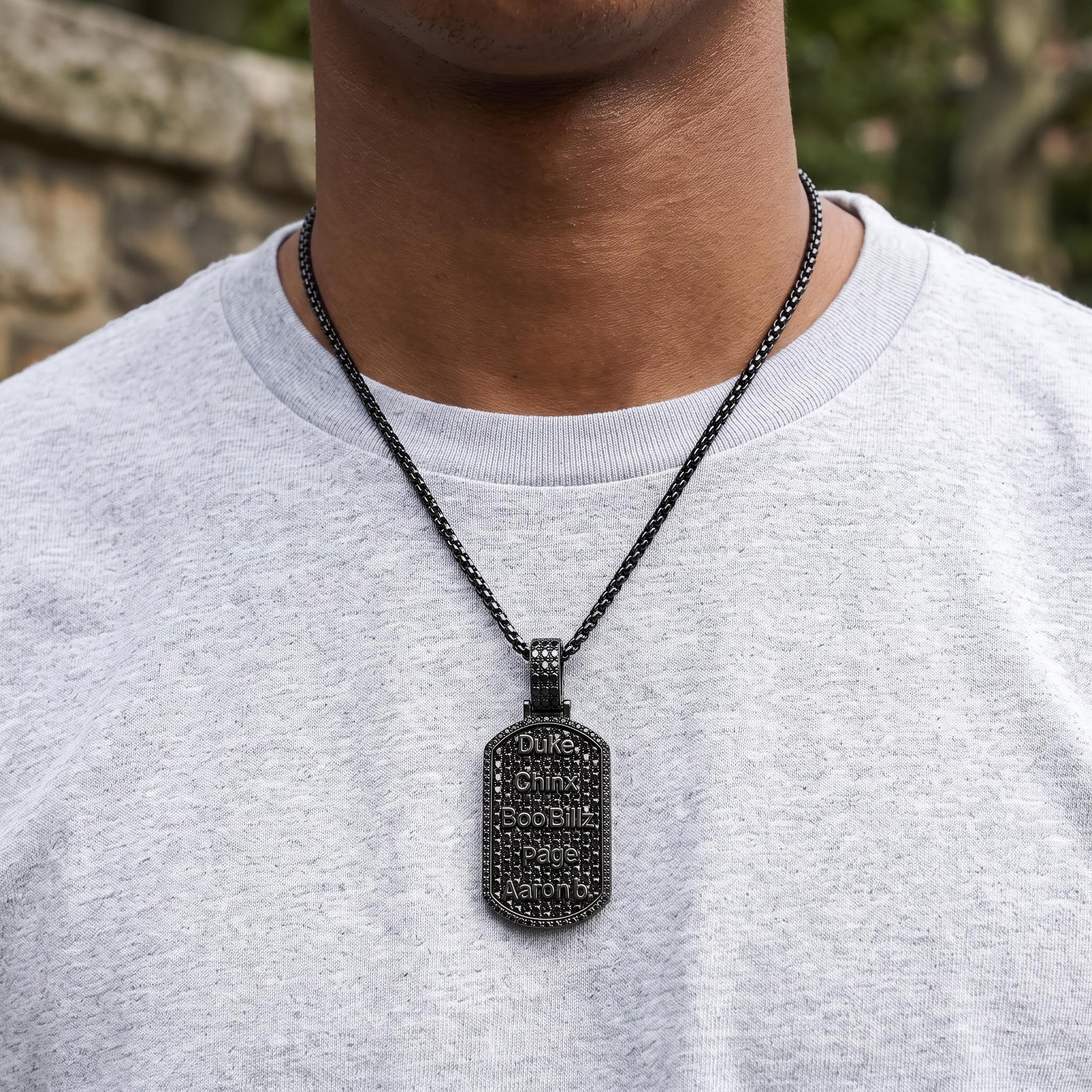 Iced Out Black Baguette-Cut Custom Name Dog Tag Pendant
