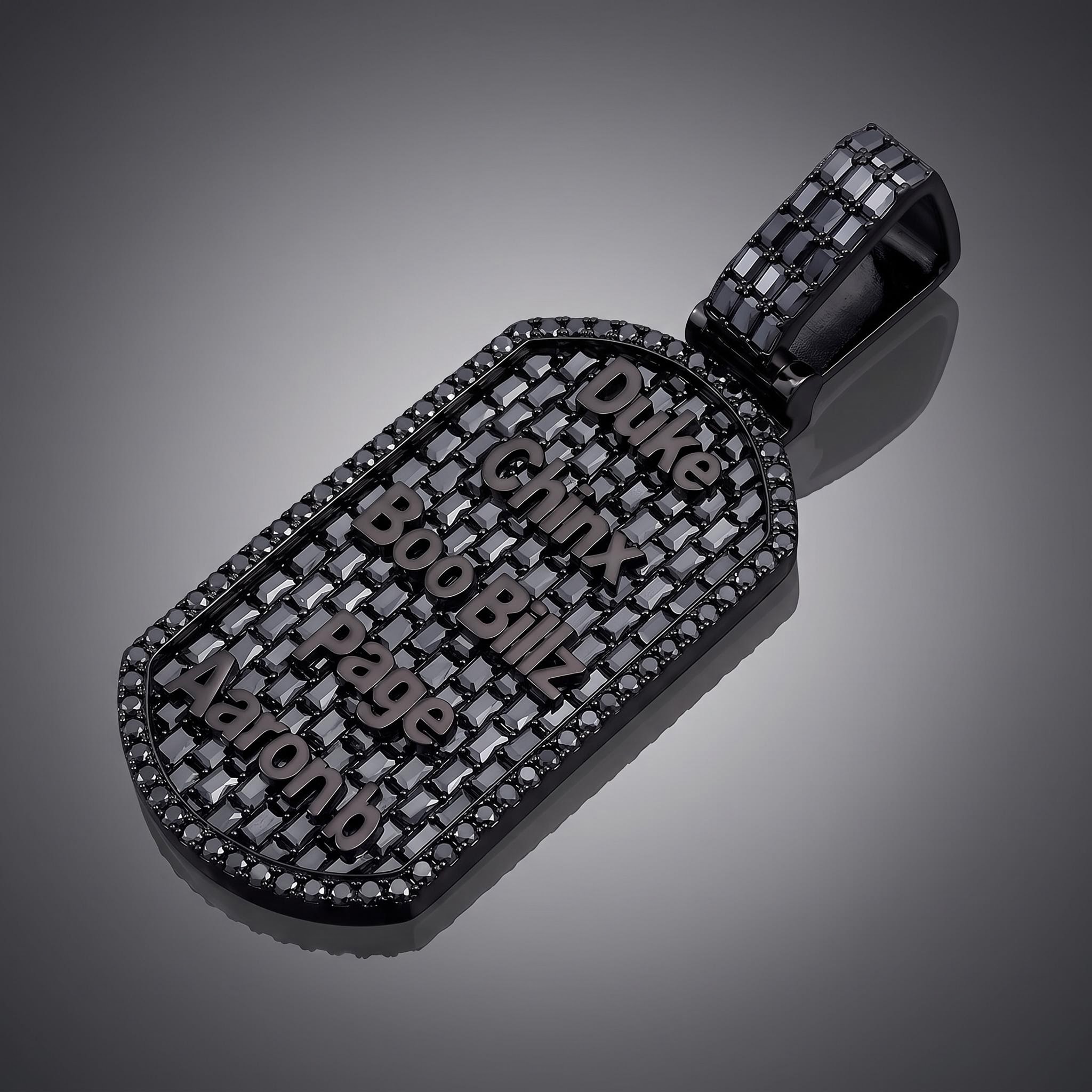 Iced Out Black Baguette-Cut Custom Name Dog Tag Pendant Iced Out Black Baguette-Cut Custom Name Dog Tag Pendant