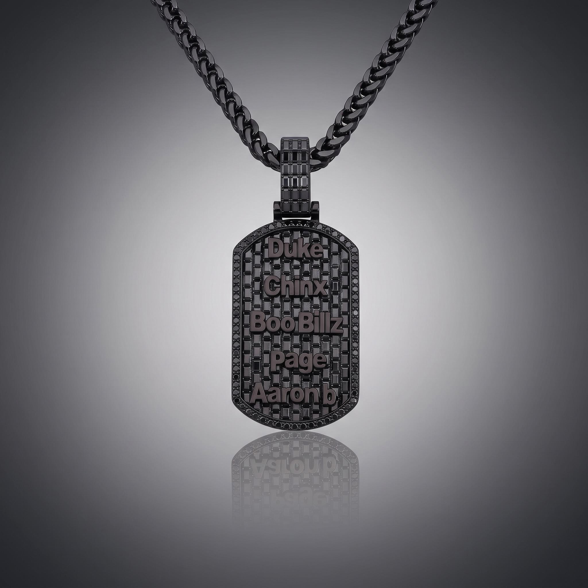 Iced Out Black Baguette-Cut Custom Name Dog Tag Pendant Iced Out Black Baguette-Cut Custom Name Dog Tag Pendant