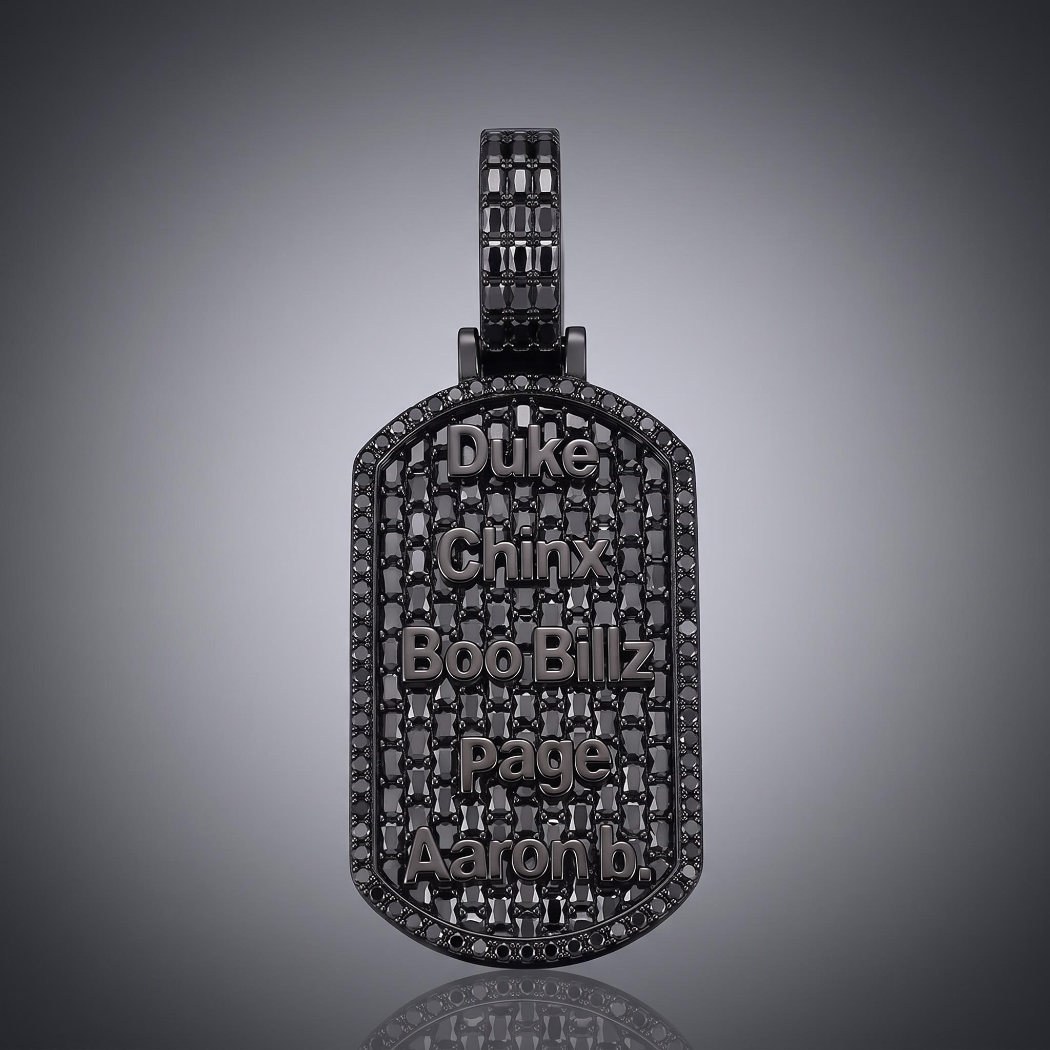Iced Out Black Baguette-Cut Custom Name Dog Tag Pendant Iced Out Black Baguette-Cut Custom Name Dog Tag Pendant