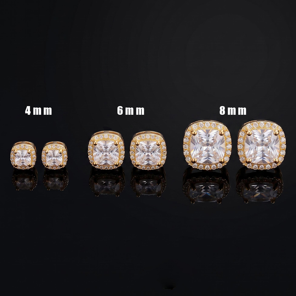 Iced Out Cushion-Cut Magnetic Stud Earrings – 4mm/6mm/8mm