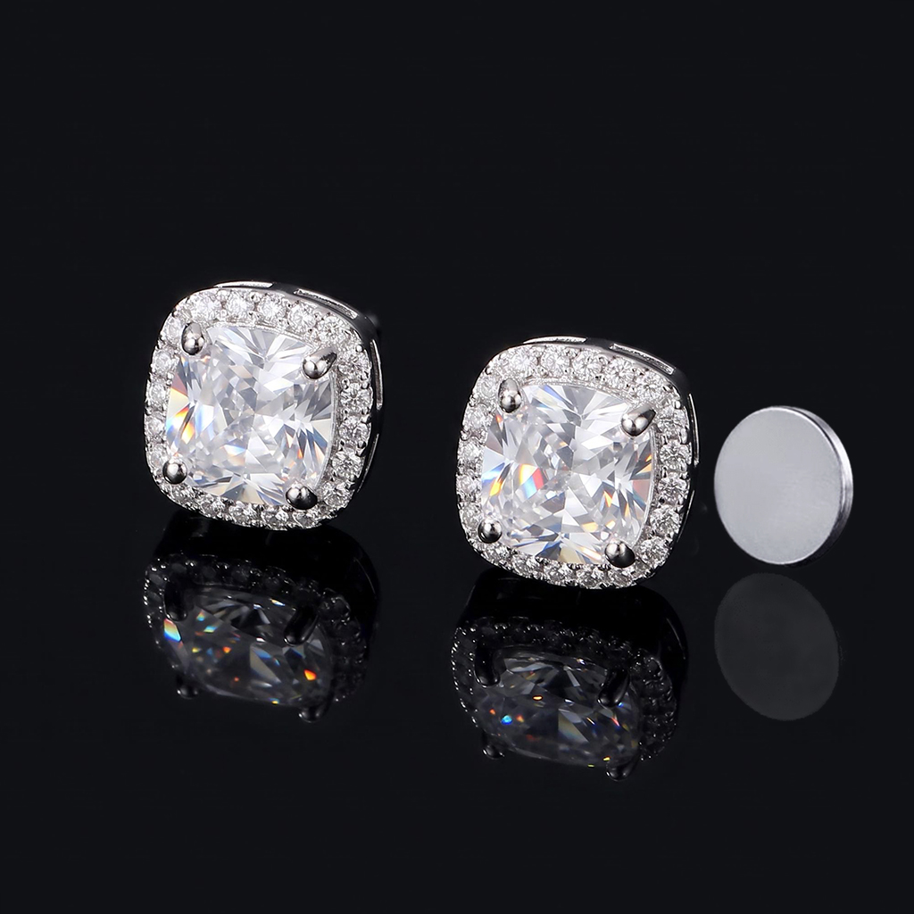Iced Out Cushion-Cut Magnetic Stud Earrings – 4mm/6mm/8mm