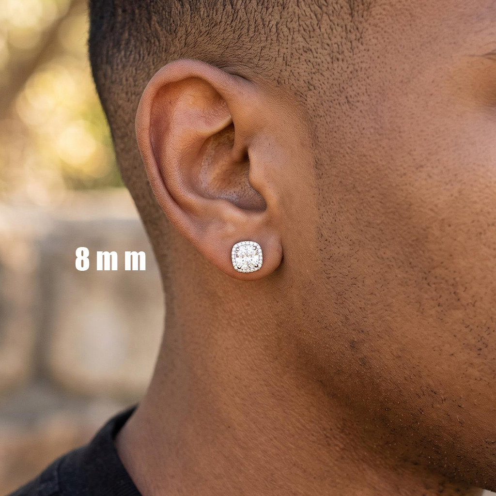 Iced Out Cushion-Cut Magnetic Stud Earrings – 4mm/6mm/8mm
