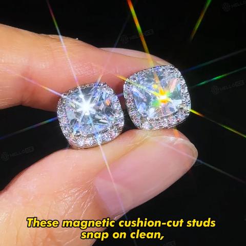 Iced Out Cushion-Cut Magnetic Stud Earrings – 4mm/6mm/8mm