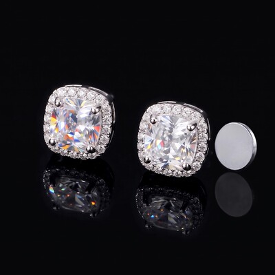 Iced Out Cushion-Cut Magnetic Stud Earrings – 4mm/6mm/8mm