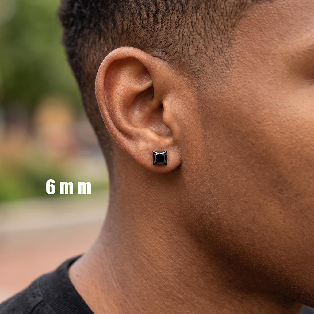 Black Princess-Cut Magnetic Stud Earrings – 6mm/8mm