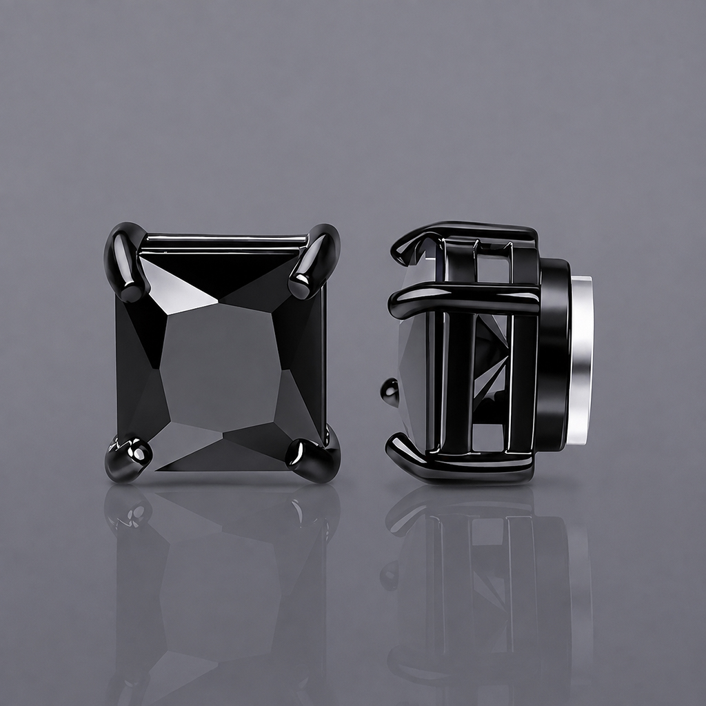 Black Princess-Cut Magnetic Stud Earrings – 6mm/8mm