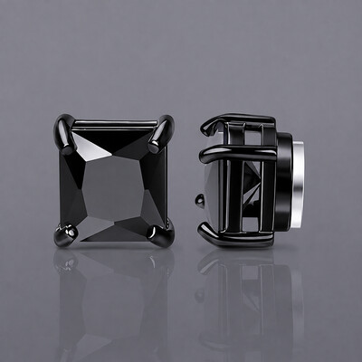 Black Princess-Cut Magnetic Stud Earrings – 6mm/8mm