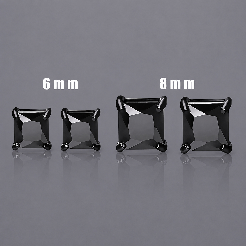 Black Princess-Cut Magnetic Stud Earrings – 6mm/8mm