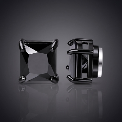 Black Princess-Cut Magnetic Stud Earrings – 6mm/8mm