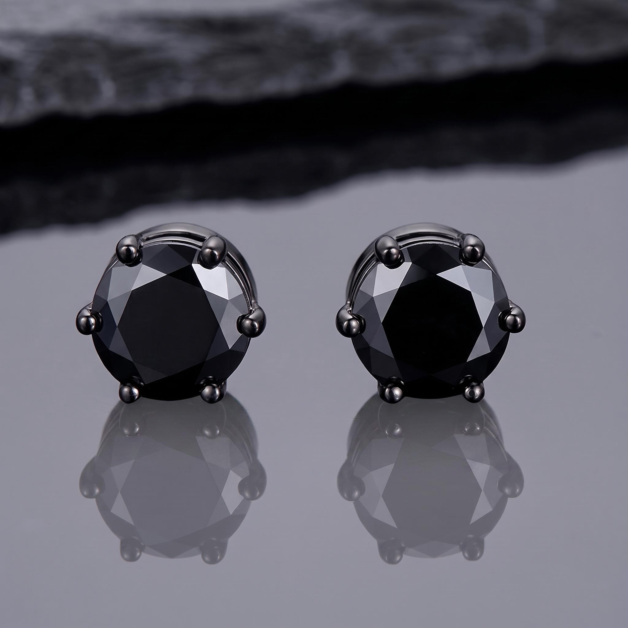 8mm Black Round-Cut Magnetic Stud Earrings