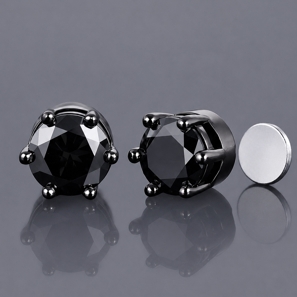 8mm Black Round-Cut Magnetic Stud Earrings