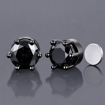 8mm Black Round-Cut Magnetic Stud Earrings