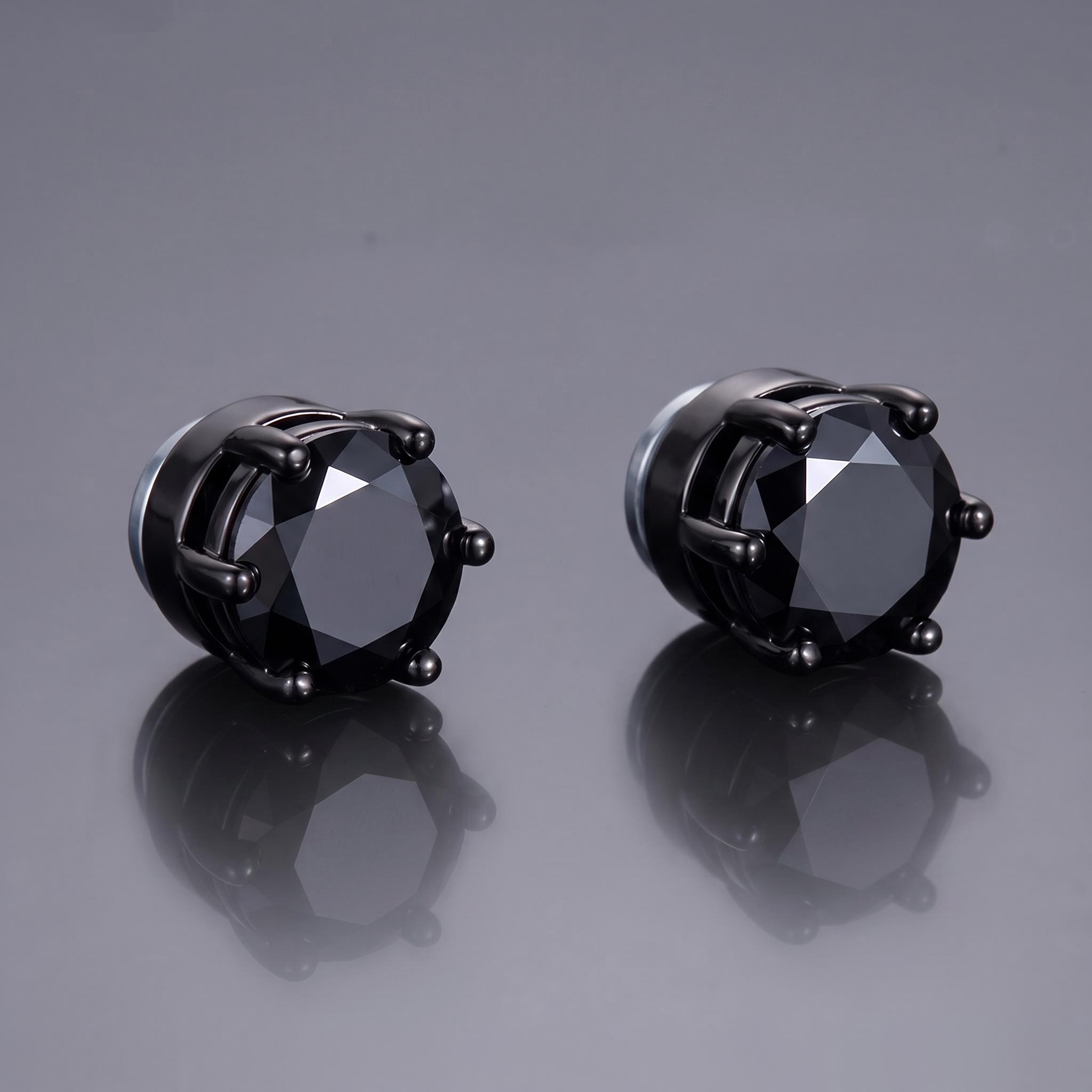 8mm Black Round-Cut Magnetic Stud Earrings