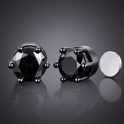 8mm Black Round-Cut Magnetic Stud Earrings