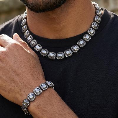 12mm Black Clustered Tennis Chain and Bracelet Set