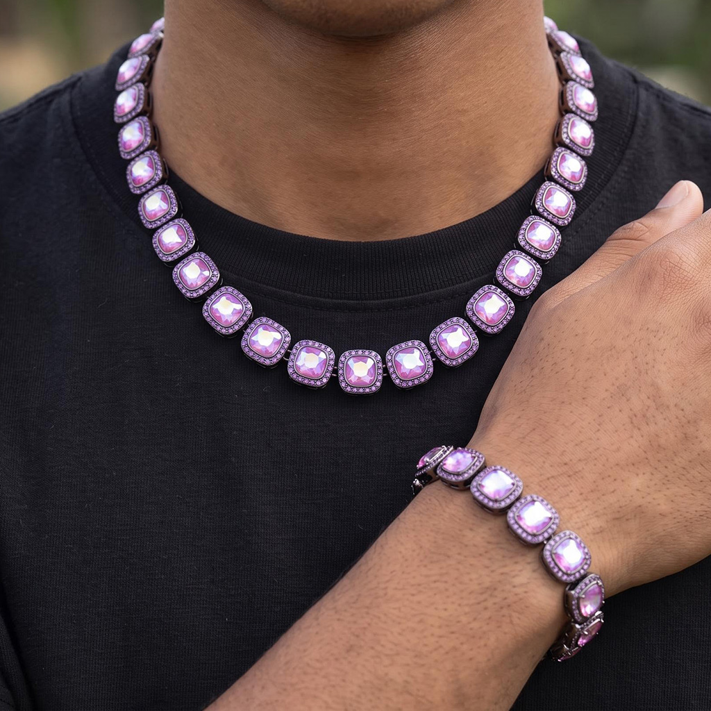 12mm Purple Clustered Tennis Chain and Bracelet Set 12mm Purple Clustered Tennis Chain and Bracelet Set