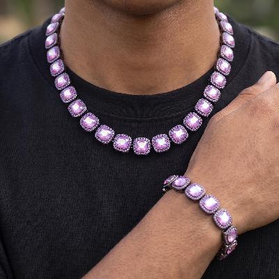 12mm Purple Clustered Tennis Chain and Bracelet Set