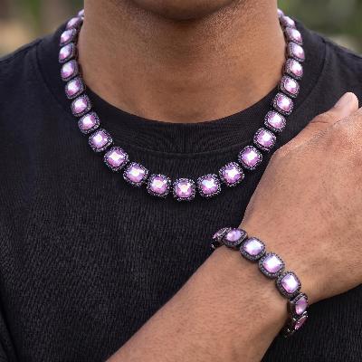 12mm Purple Clustered Tennis Chain and Bracelet Set