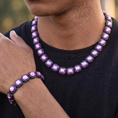 12mm Purple Clustered Tennis Chain and Bracelet Set