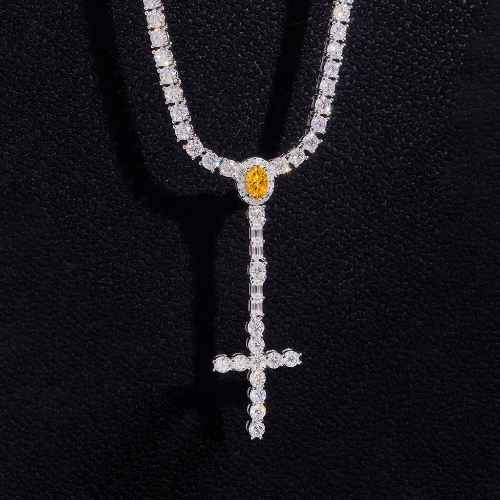 925 Silver & VVS1 Moissanite 3mm Cross Tennis Rosary Necklace 925 Silver & VVS1 Moissanite 3mm Cross Tennis Rosary Necklace