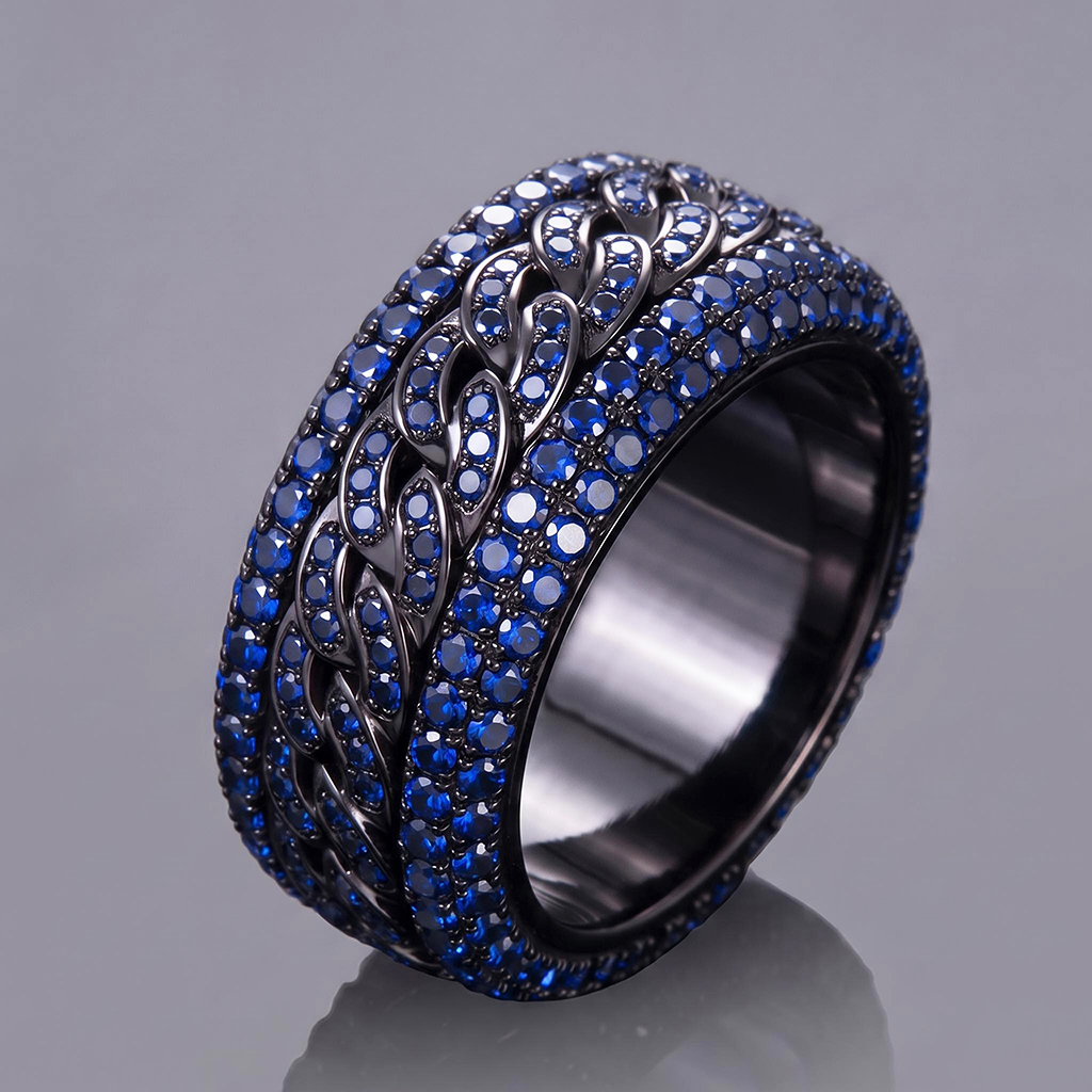 Iced Out Blue Cuban Link Spinner Ring